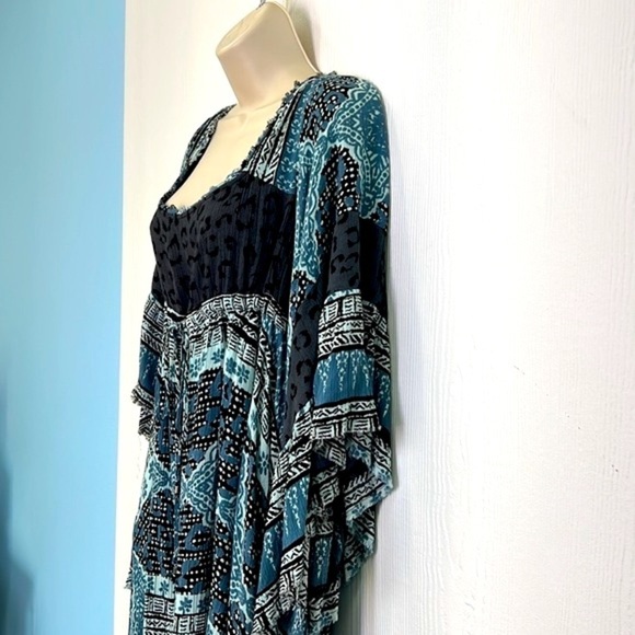 Free People - Heart Of Gold Bohemian Fit & Flare Charcoal & Teal Mini Dress SM - Picture 7 of 12